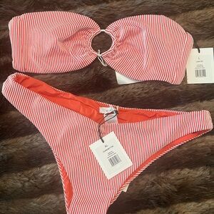 Onia Red and White Striped Bikini Large top and XL bottoms